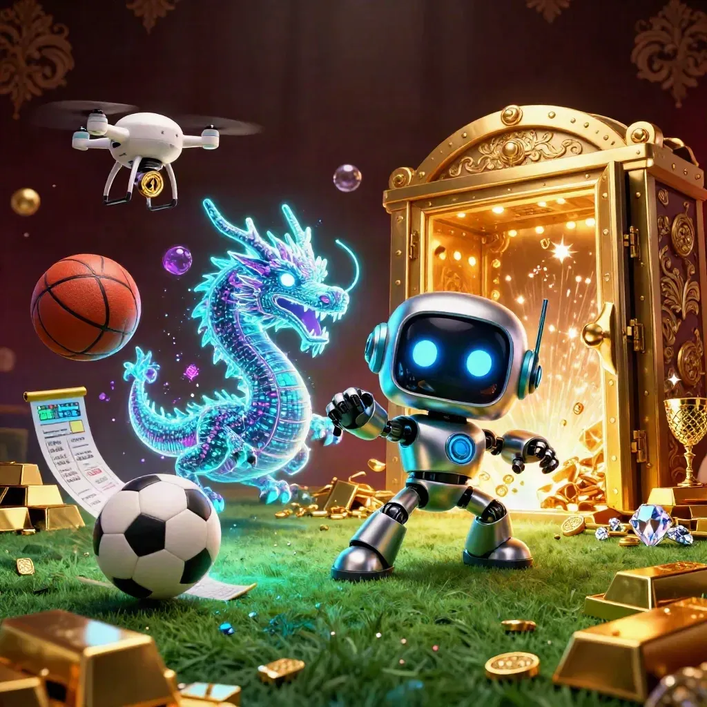 Robot cyberpunk, naga hologram, dan drone di depan brankas emas meledak cahaya dengan bola basket dan sepak bola.