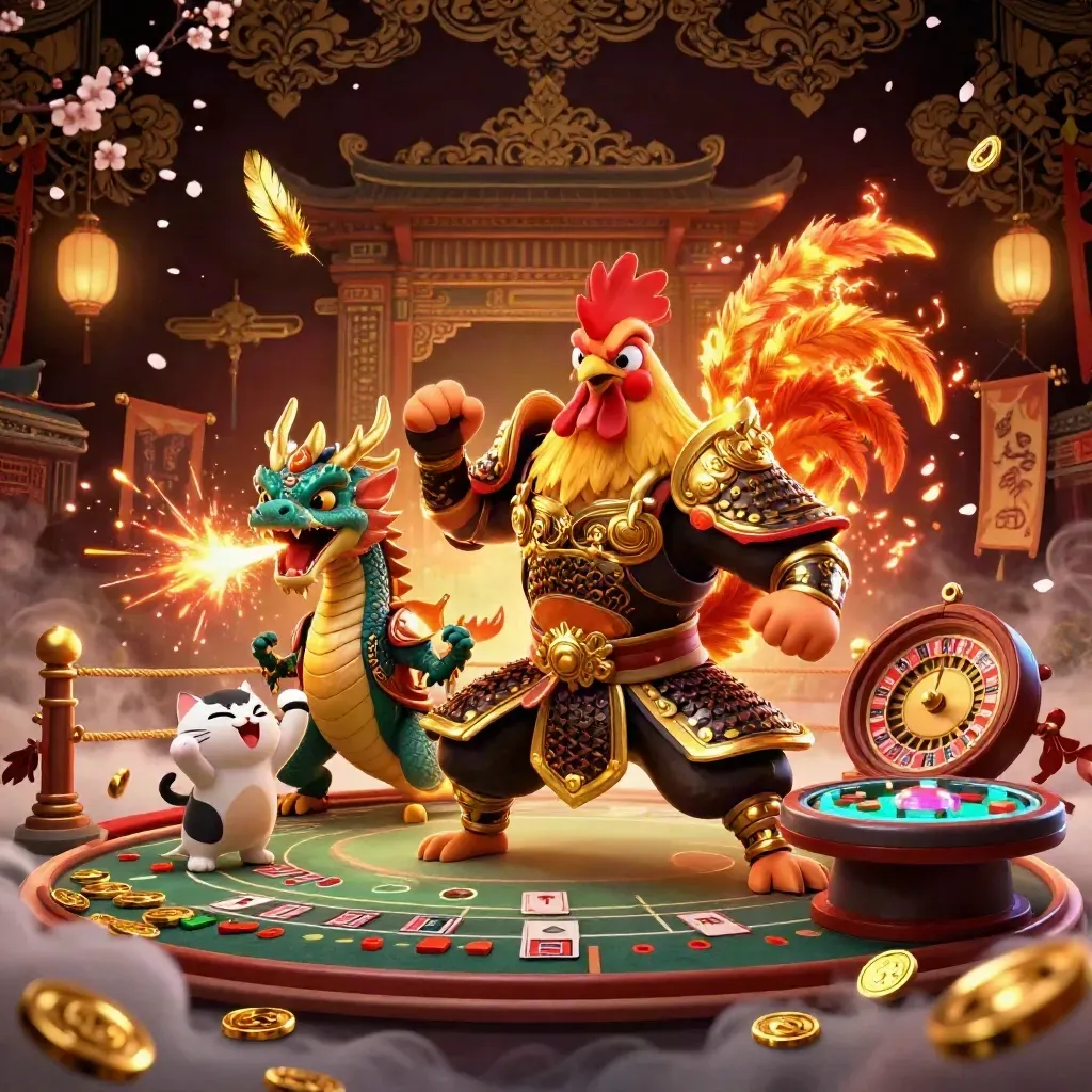 Ayam samurai emas, naga, dan kucing keberuntungan di kasino mewah bernuansa merah-emas
