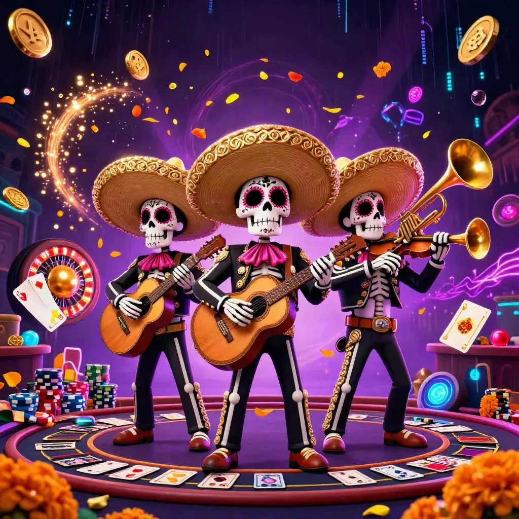Tiga kerangka mariachi 3D dengan koin emas, permata, roda roulette, dan latar ungu gelap neon.