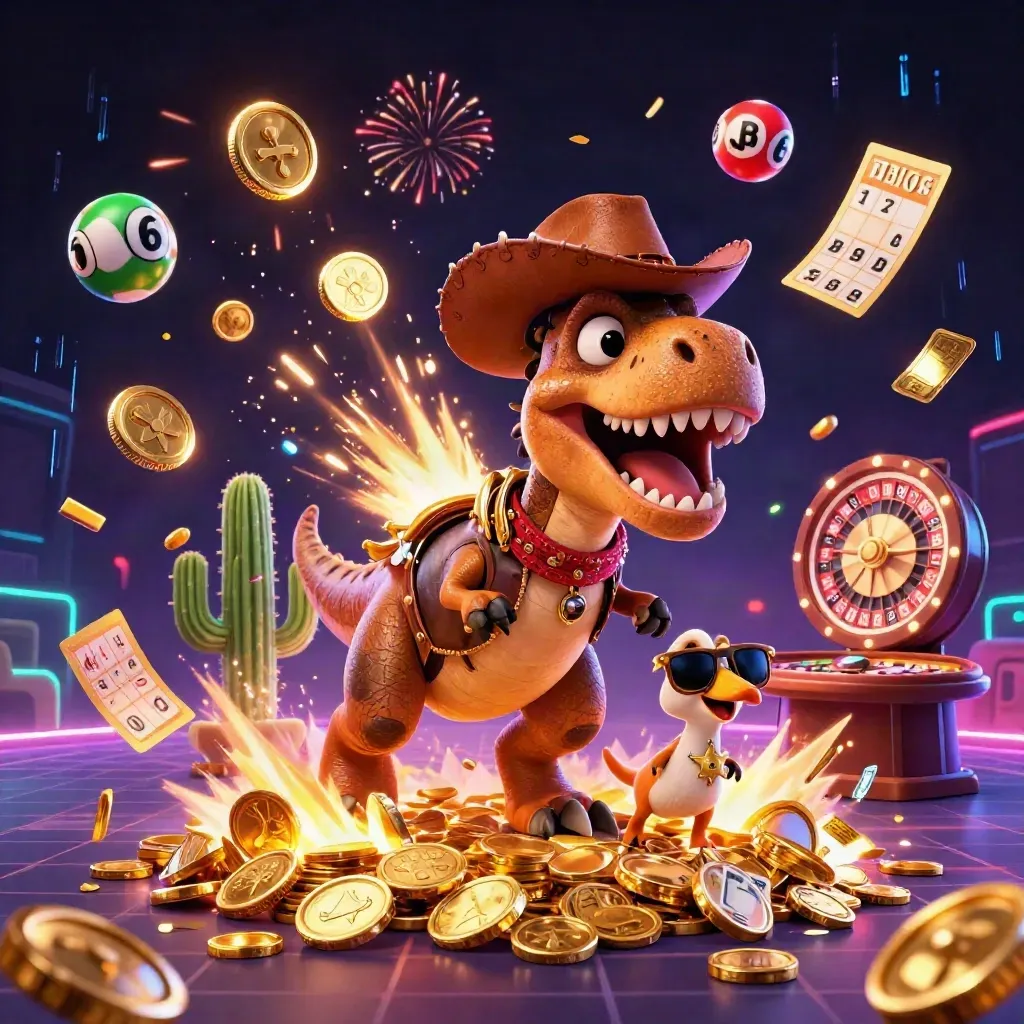 T-Rex koboi, kaktus, dan roadrunner di ledakan koin emas bertema kasino neon.
