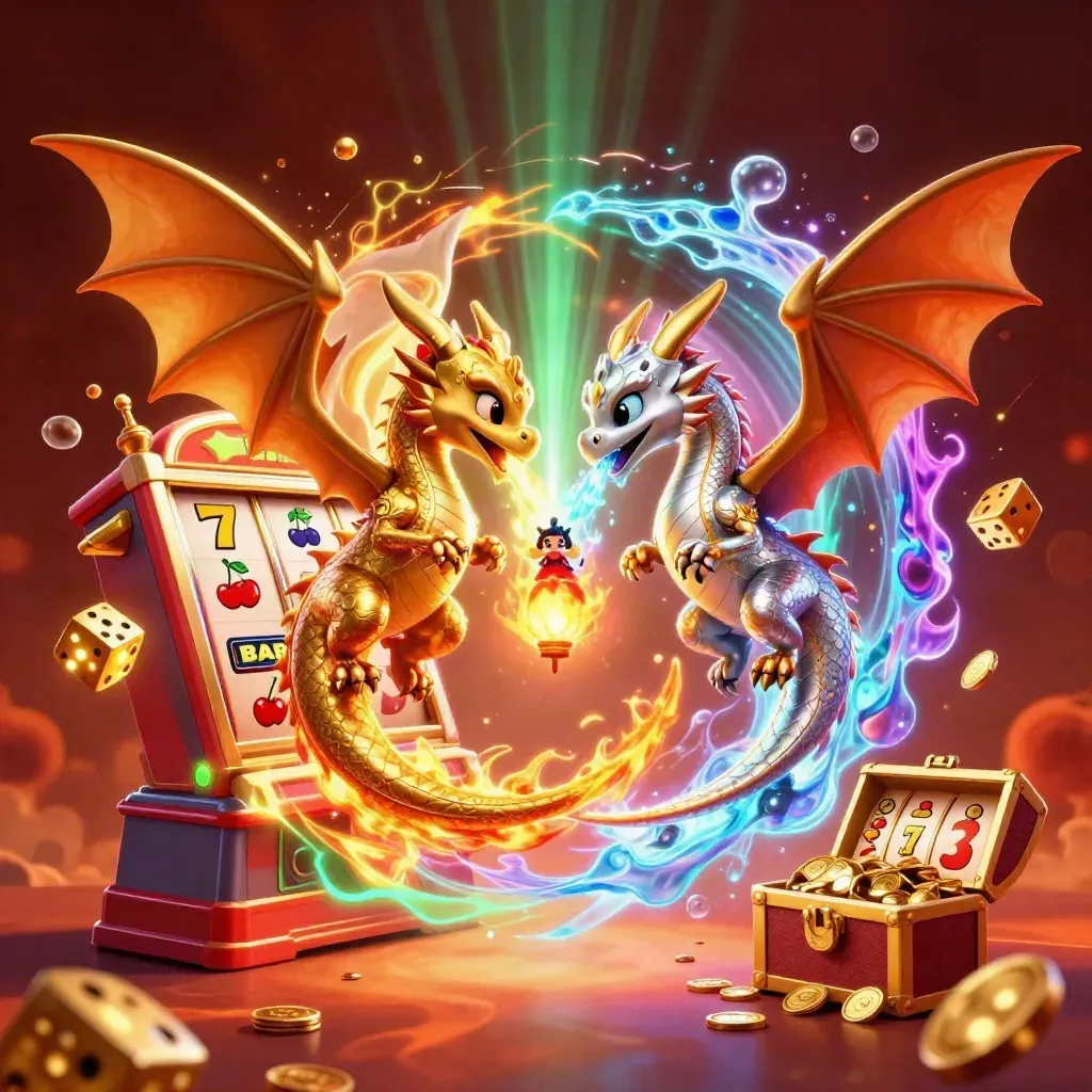 Dua naga emas-perak berputar dengan api dan es, dikelilingi slot, koin, dan harta.
