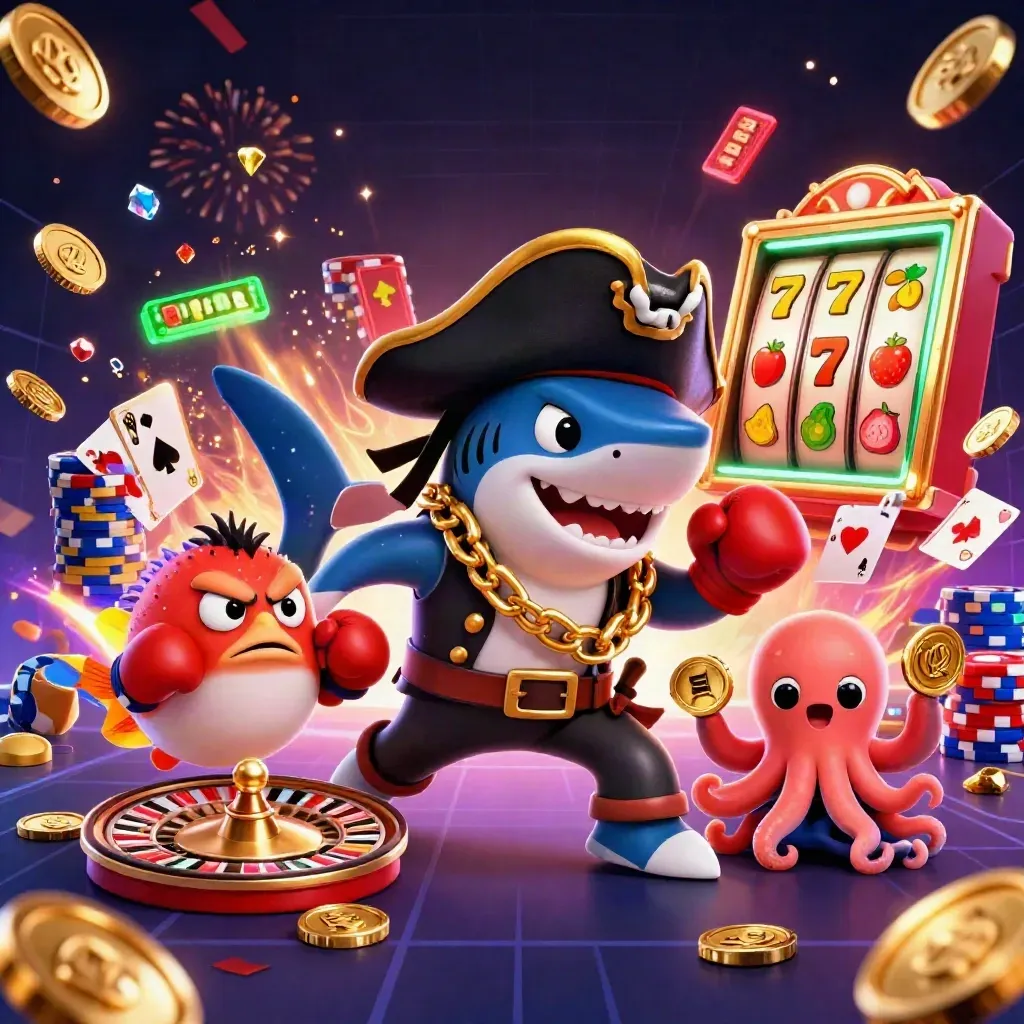 Hiu bajak laut, ikan buntal merah, dan gurita bayi di tengah koin emas dan efek kasino neon.