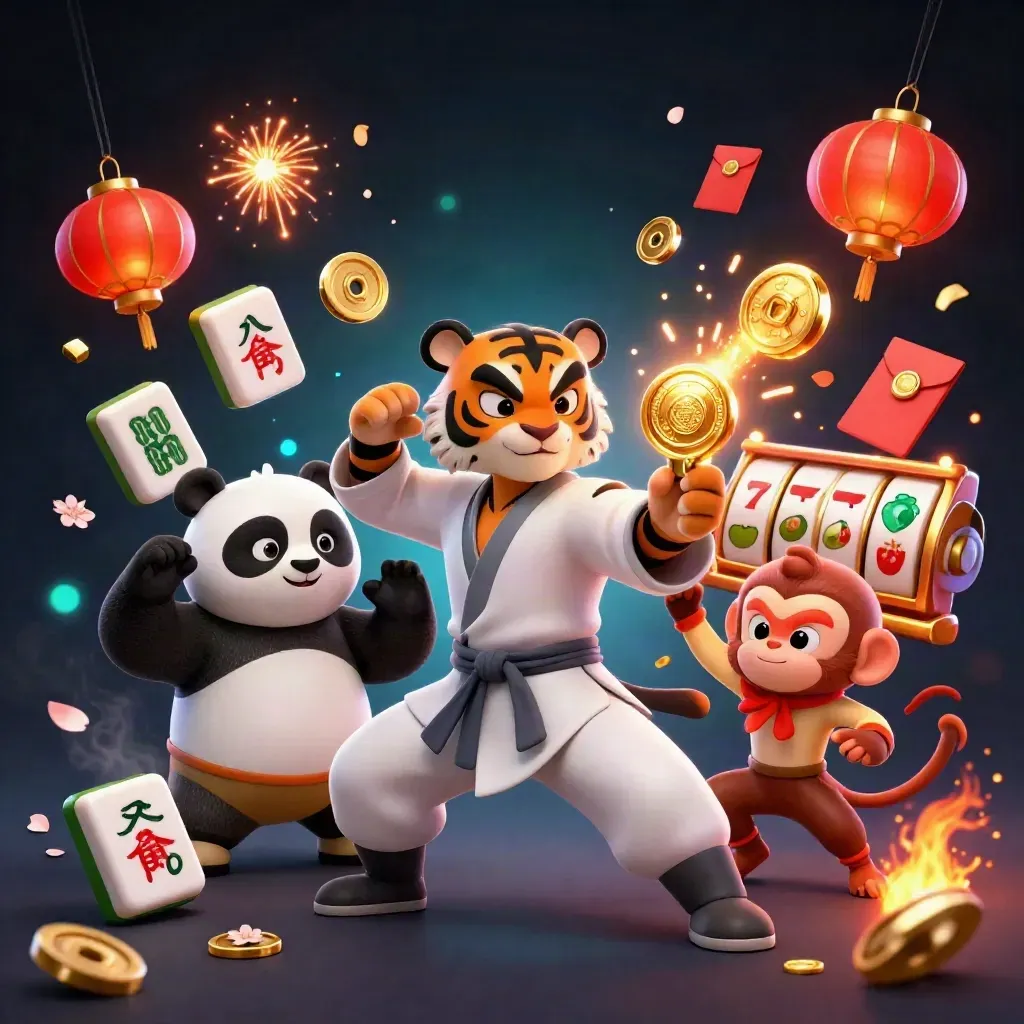 Macan kung-fu, panda, dan monyet di tengah efek koin, lentera, dan slot merah emas.